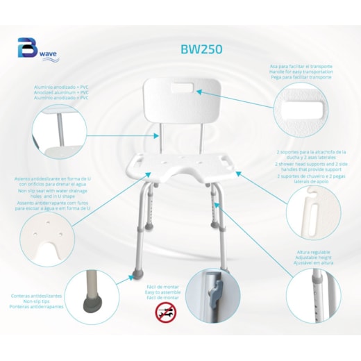 Cadeira de Banho em U BW250 – Encosto, Pegas e Suporte de Chuveiro