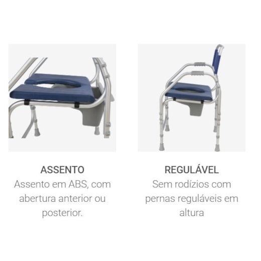 Cadeira de Banho e Sanitária Alumínio Pacific Fixa 4 Rodízios